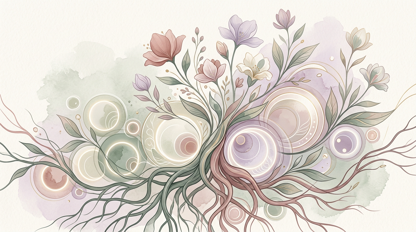 Abstract botanical illustration representing the PCOS to PMOS renaming: delicate flowers emerging from intertwined roots and circular forms